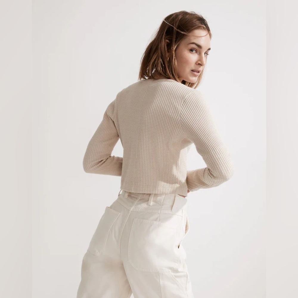 Madewell Waffle Knit Long Sleeve Crop Top Scoop Neck Beige Neutral Basic Medium - Picture 2 of 8